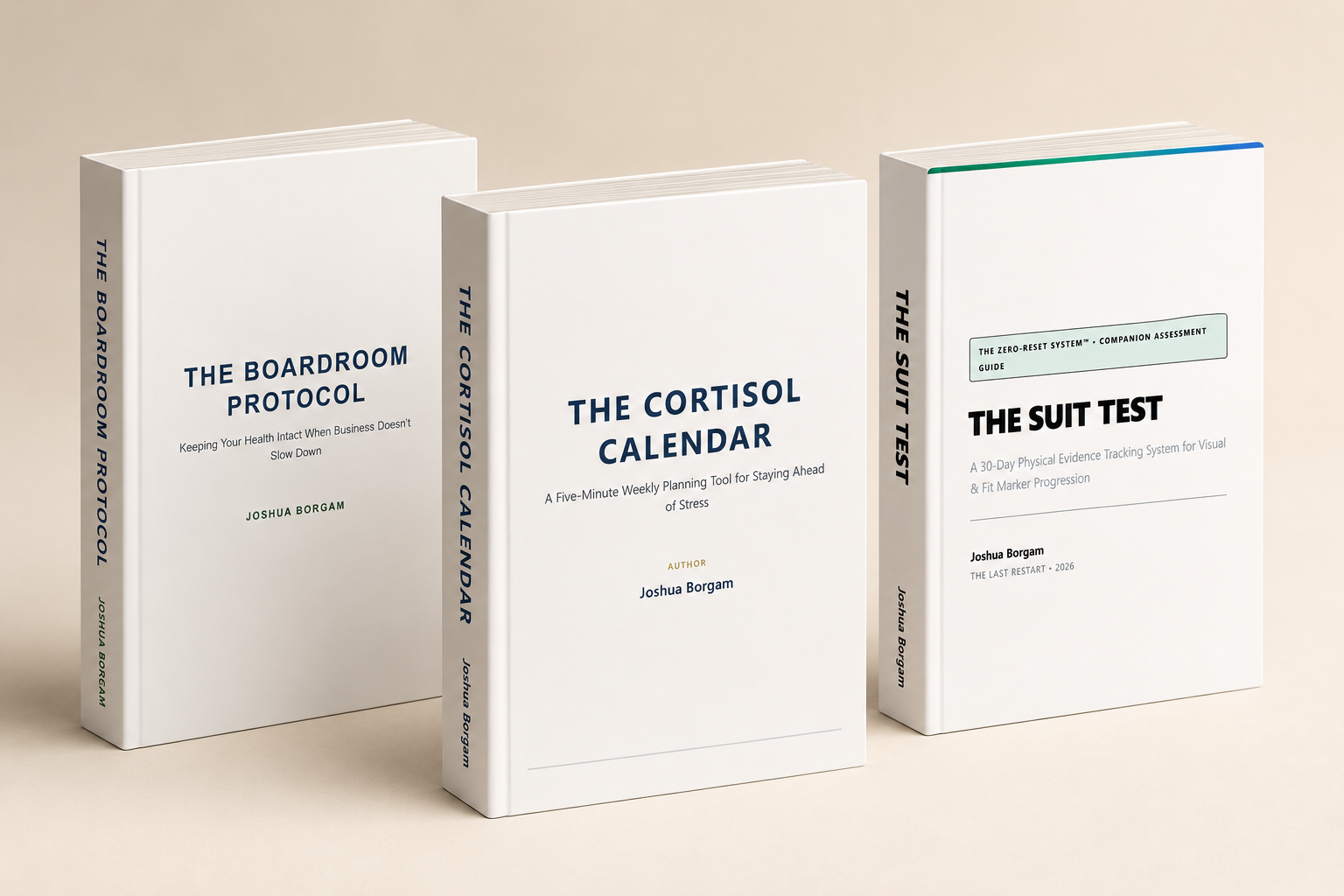 Thick 3D collection mockup of The Boardroom Protocol, The Cortisol Calendar, and The Suit Test